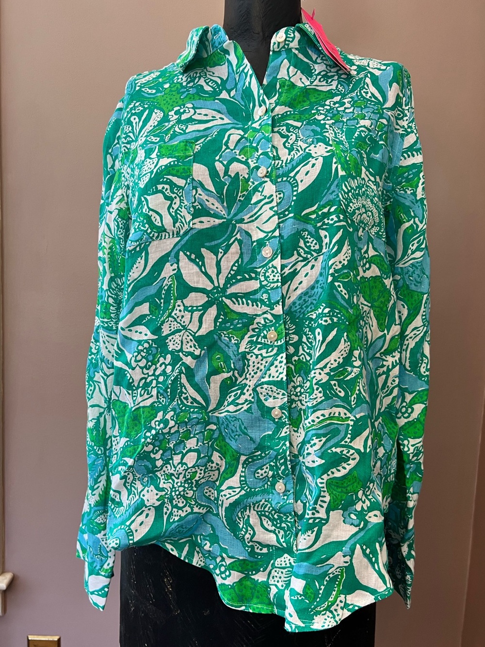 NWT Lilly Pulitzer Botanical Green Safari Sea View Button Down Seacoast Linen S